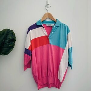 LEON LEVIN | Vintage 80s Colorblock Polo Shirt Medium Retro Pastel Oversized Top